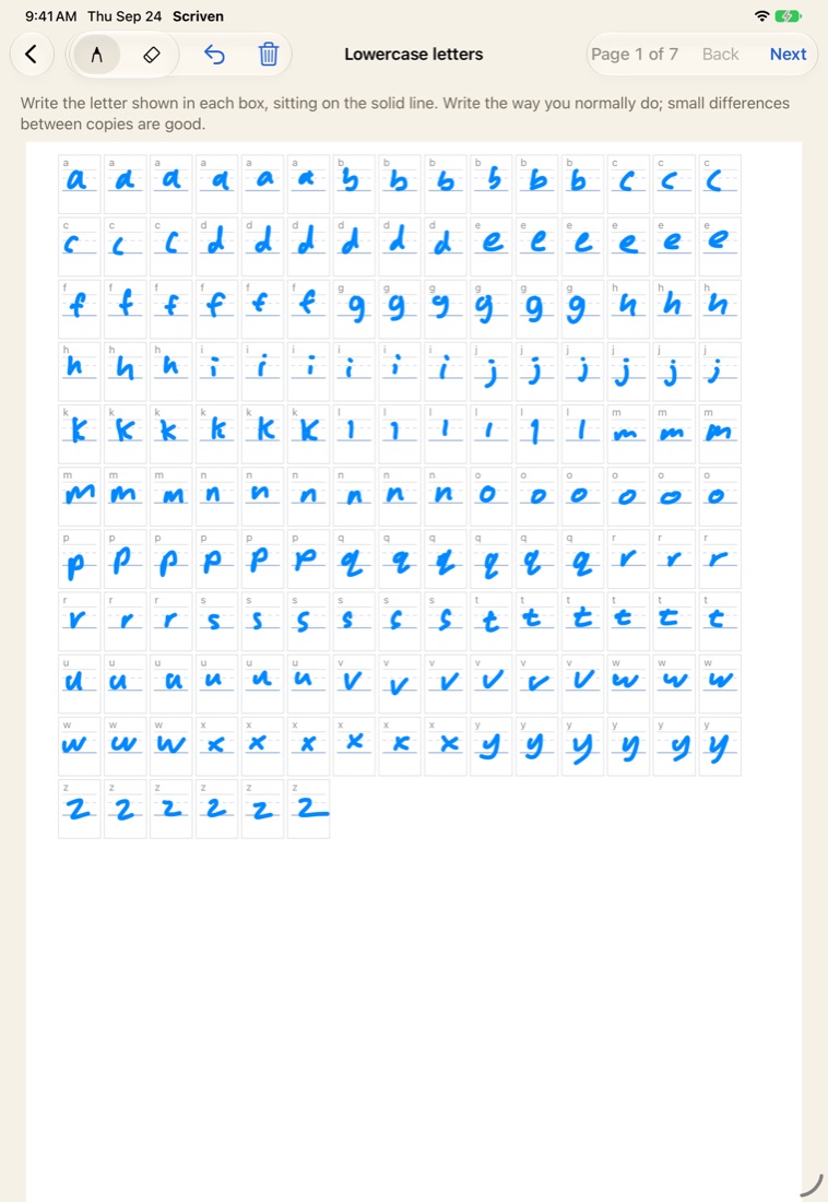 The guided sample sheet, written with Apple Pencil